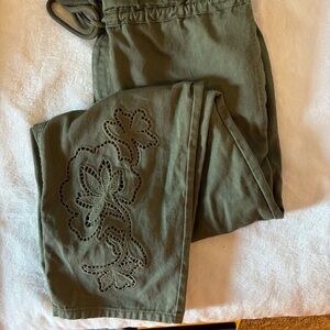 Olive Green Floral Cut Out Pants